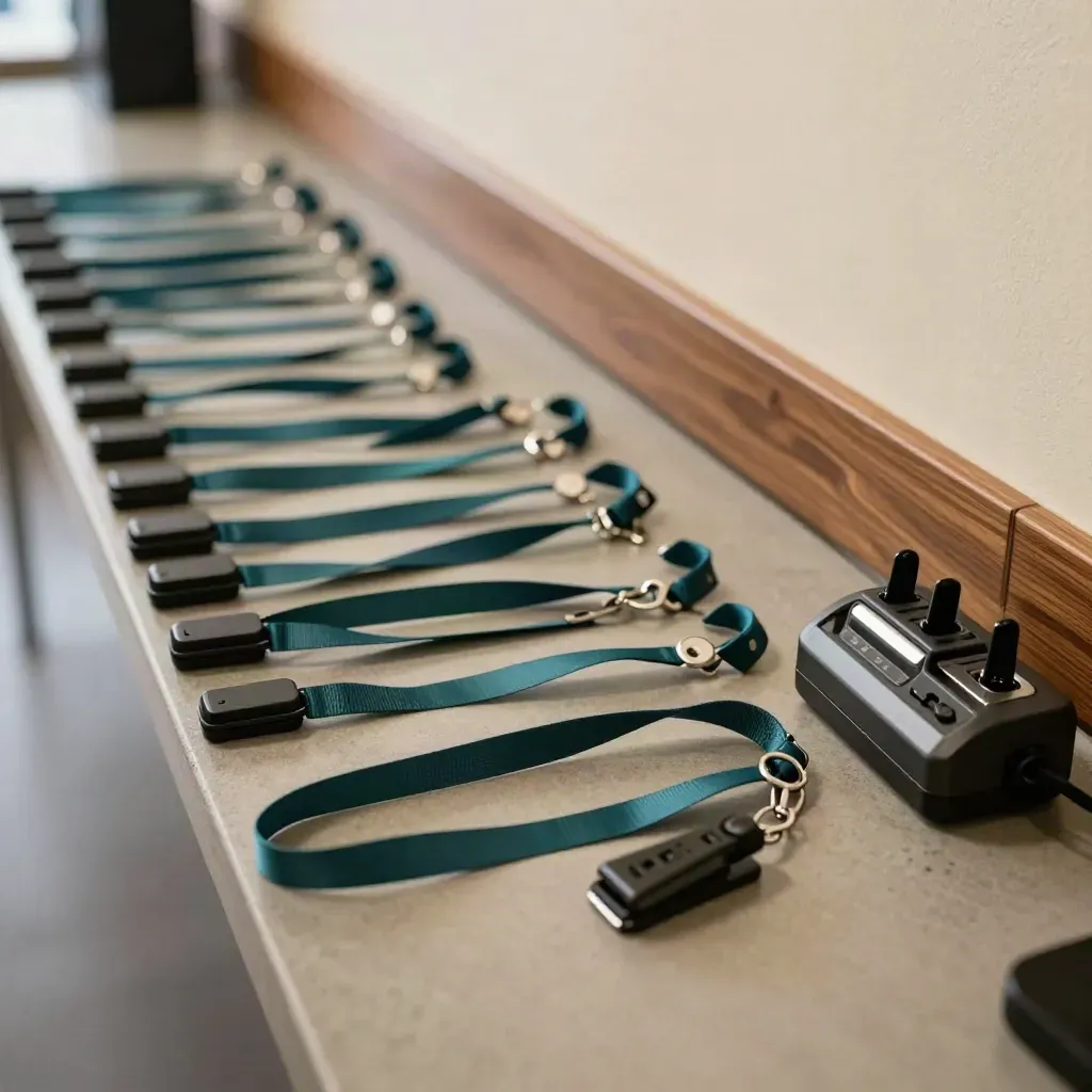 Volunteer shift wristbands, lanyards, and a radio charger tray arranged on a hallway counter.