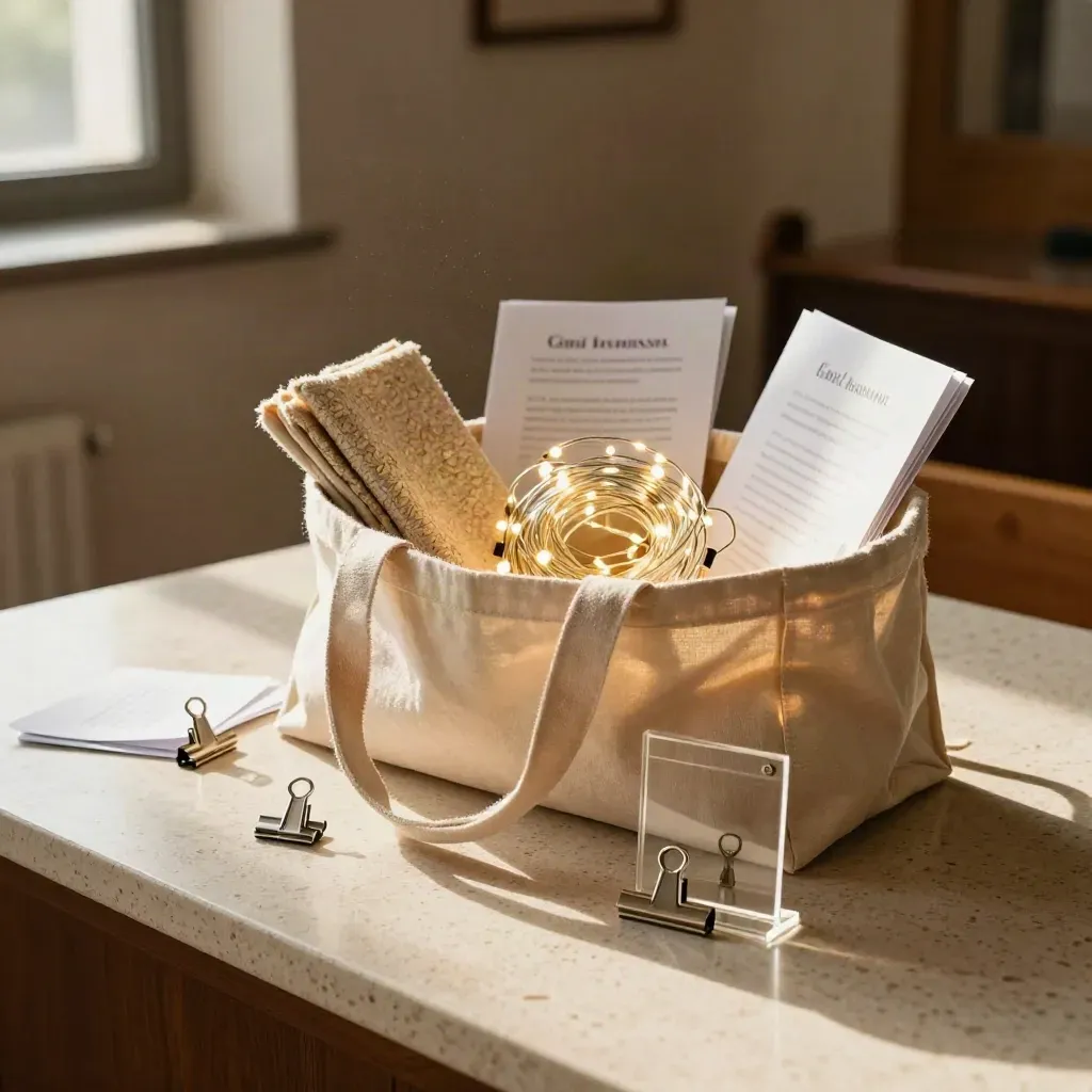 Open event kit in a canvas tote on a travertine counter with linen runners and string lights.