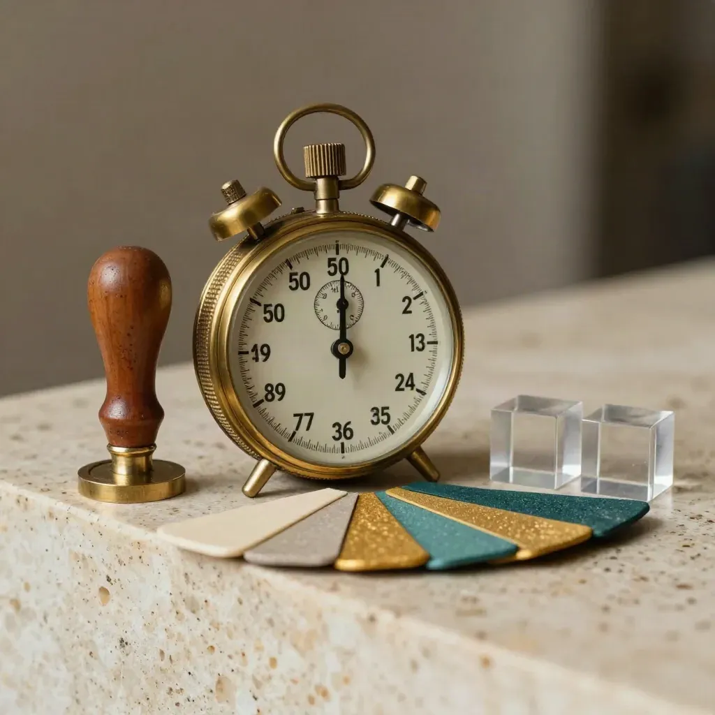 Brass timer, wax seal stamp, color chips and appointment cubes on pale travertine.