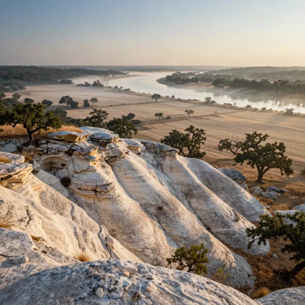 Hazy Central Texas limestone hills above a live-oak valley and winding river bend at sunrise.