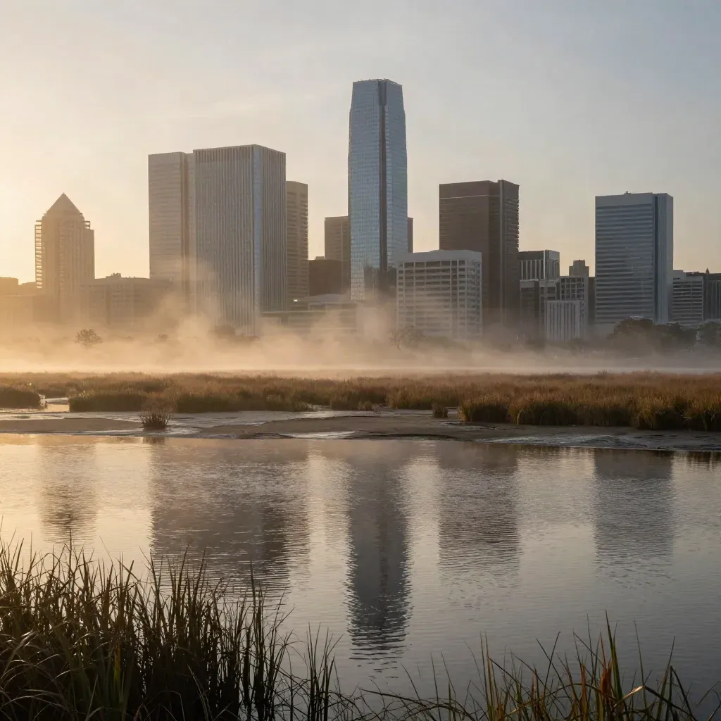 Houston skyline above misty bayou flats at sunrise