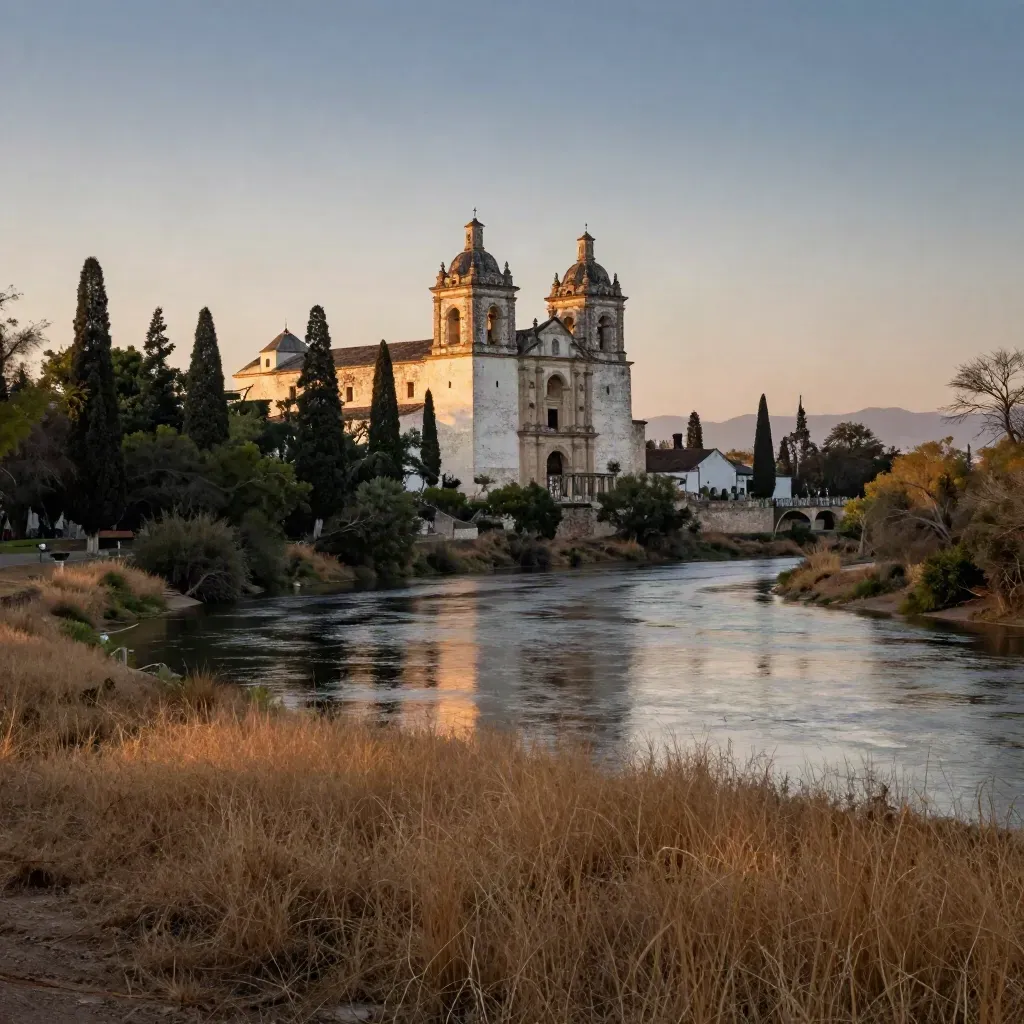 Mission San José above a quiet cypress-lined river bend at sunset